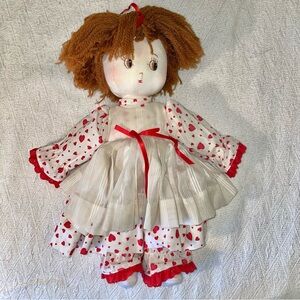 Vintage Homemade 15 “ Heart Polka Dot Themed Rag Doll Folklore Red Hair POC